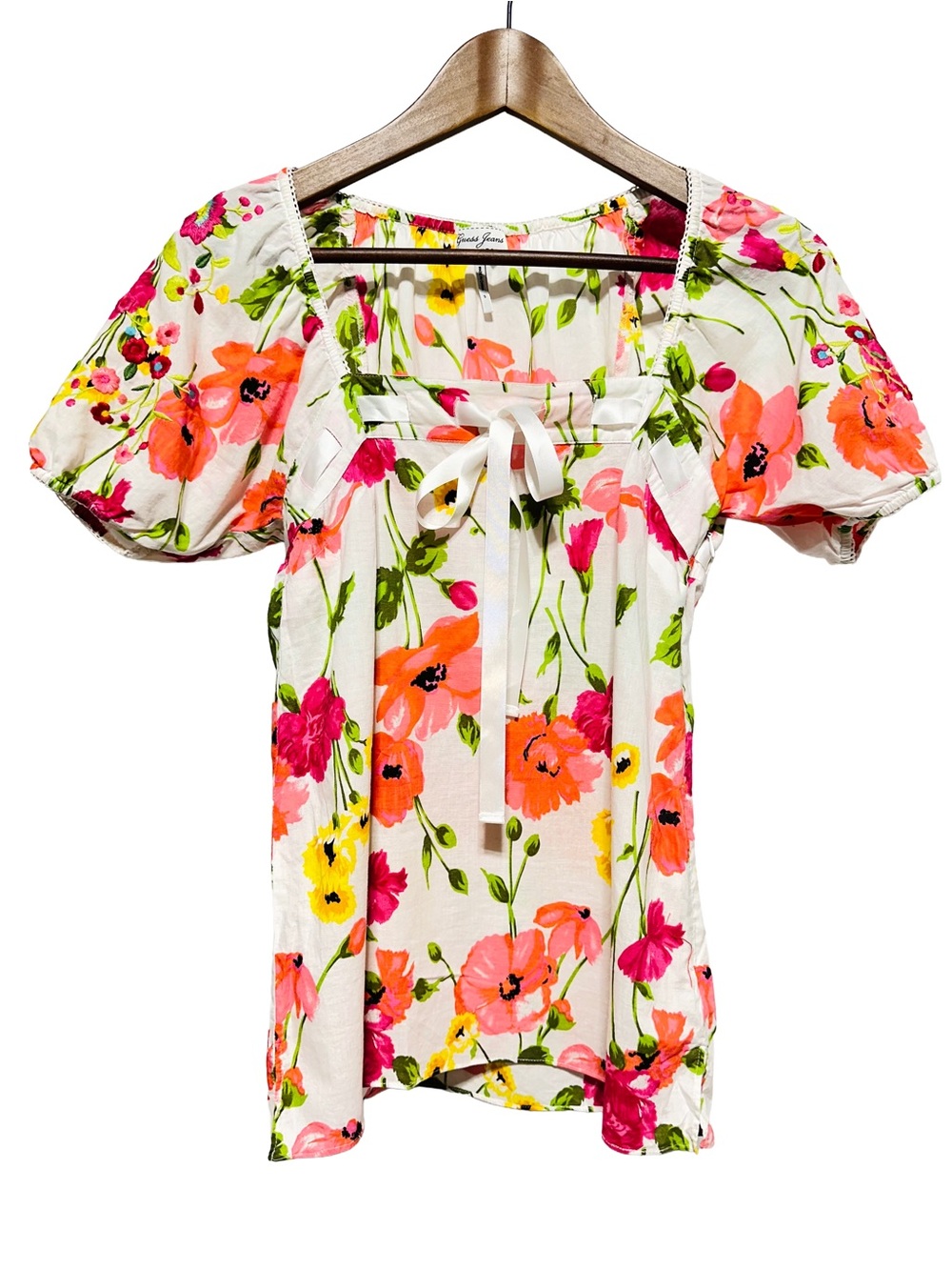 GUESS Jeans Floral Puff Sleeve Square Neck Tie Front Coquette Top Small